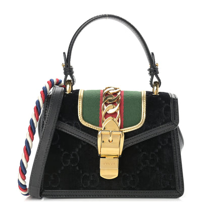Gucci Velvet GG Monogram Mini Sylvie Top Handle Bag Black 1 of 10