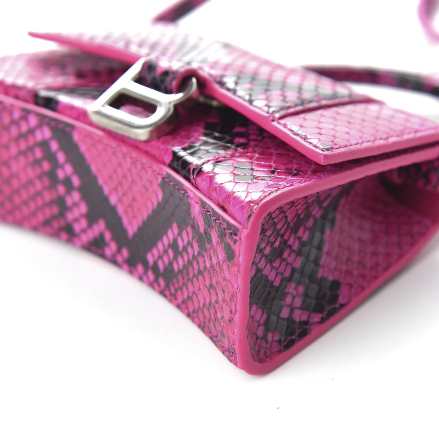 Shiny Calfskin Python Effect Hourglass Top Handle Bag Mini Fuchsia Black