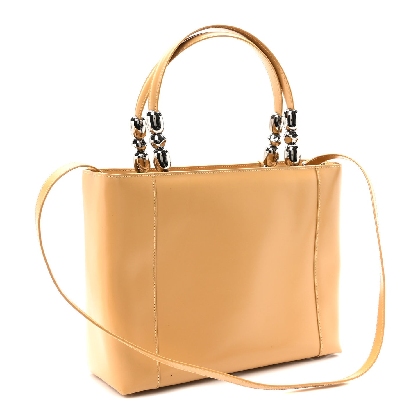 Patent Chrome Beaded Malice Tote Beige