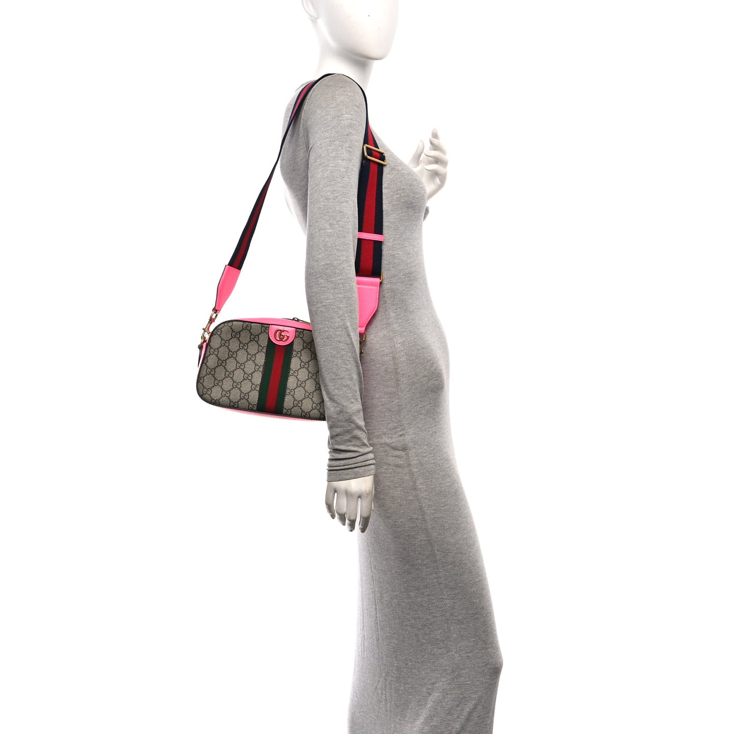 GG Supreme Monogram Textured Dollar Calfskin Web Ophidia Small Crossbody Bag Beige Ebony Fuchsia