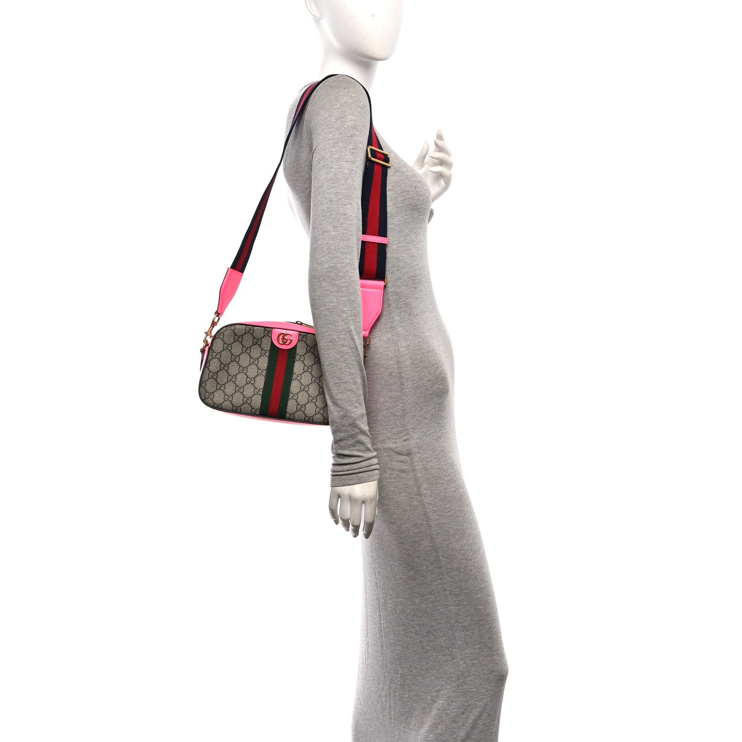Gucci GG Supreme Monogram Textured Dollar Calfskin Web Ophidia Small Crossbody Bag Beige Ebony Fuchsia 2 of 10