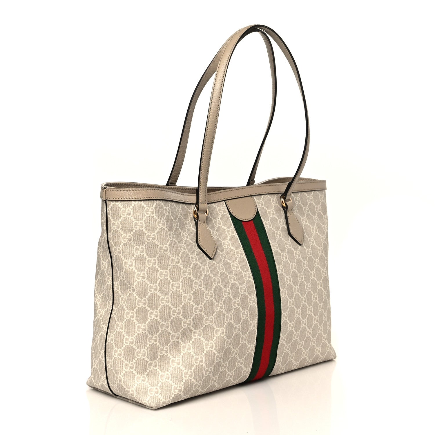 Gucci GG Supreme Monogram Textured Dollar Calfskin Web Medium Ophidia Shopping Tote Beige Mystic White Oatmeal 2 of 10