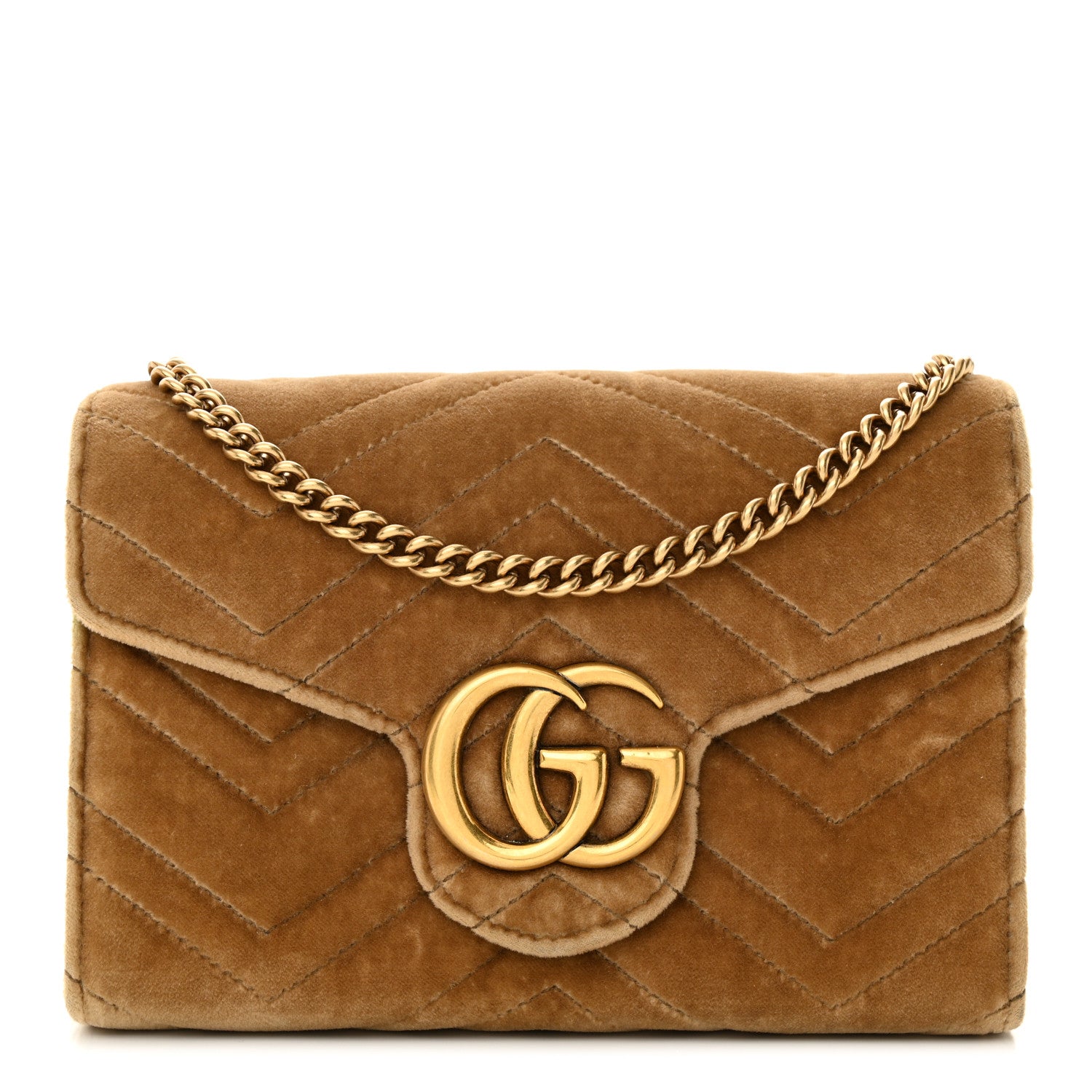 Gucci Velvet Matelasse GG Marmont Chain Wallet Taupe 1 of 11