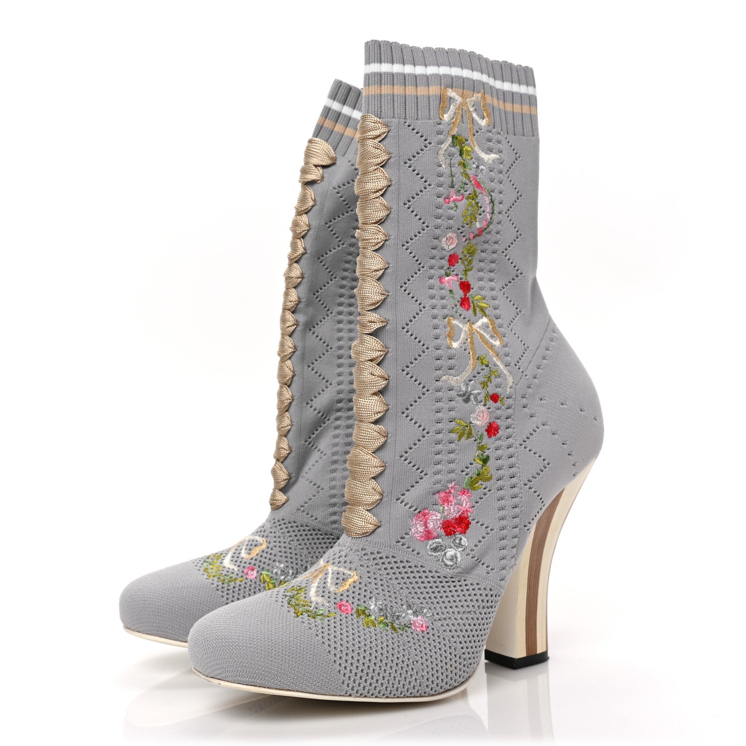 Fendi Stretch Fabric Knit embroidered Sock Openwork Booties 37.5 Grey Multicolor 3 of 6