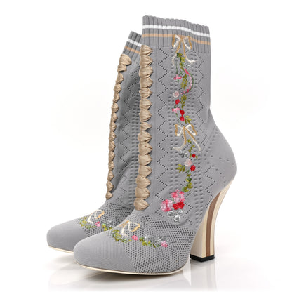 Fendi Stretch Fabric Knit embroidered Sock Openwork Booties 37.5 Grey Multicolor 3 of 6