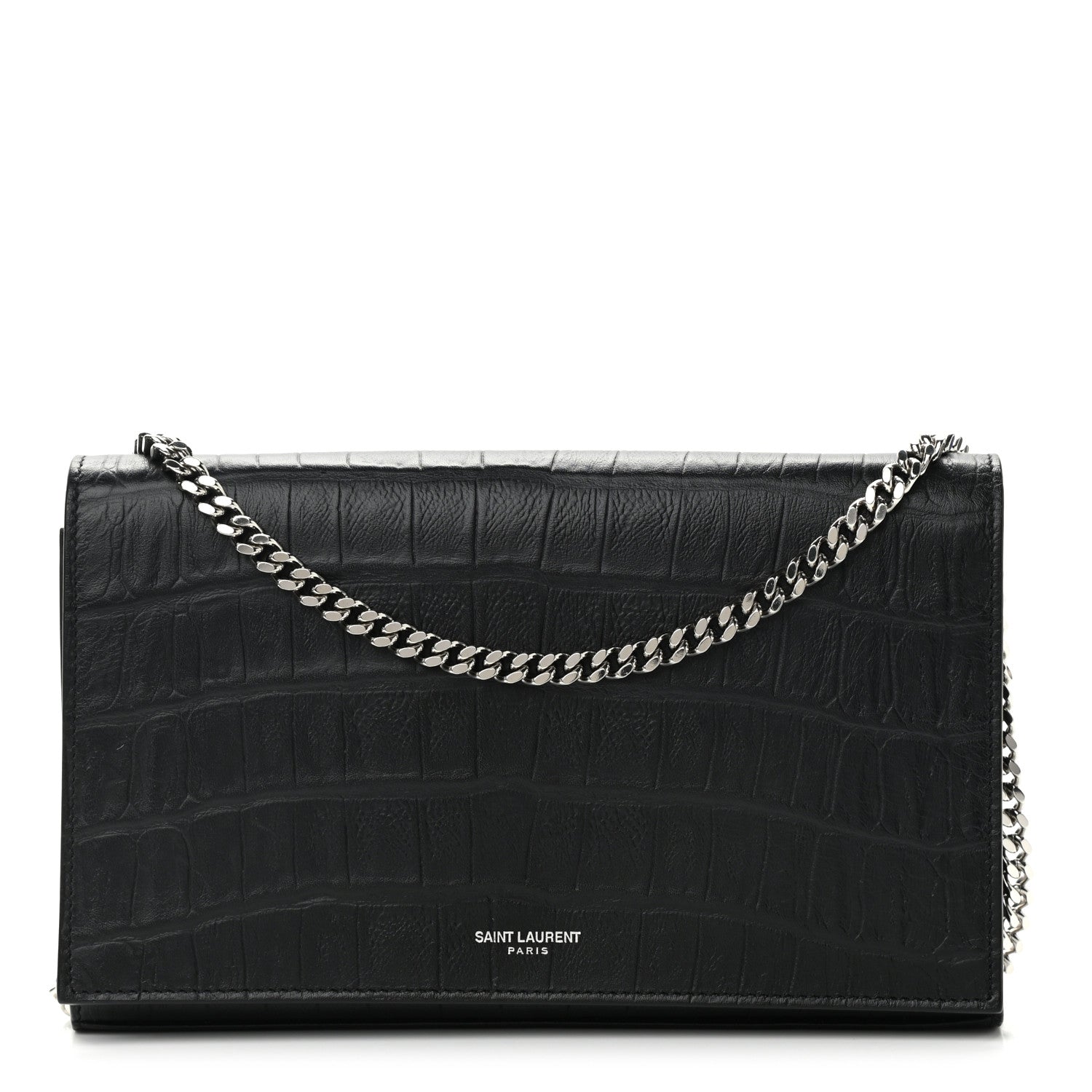 Saint Laurent Lambskin Crocodile Embossed Classic Paris Chain Wallet Black 1 of 12