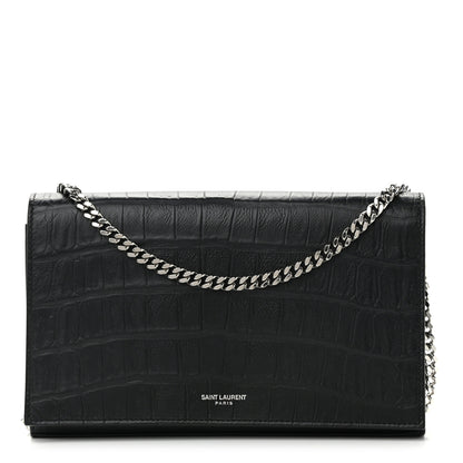 Saint Laurent Lambskin Crocodile Embossed Classic Paris Chain Wallet Black 1 of 12