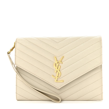 Saint Laurent Grain De Poudre Matelasse Chevron Monogram Envelope Clutch Crema Soft 1 of 12