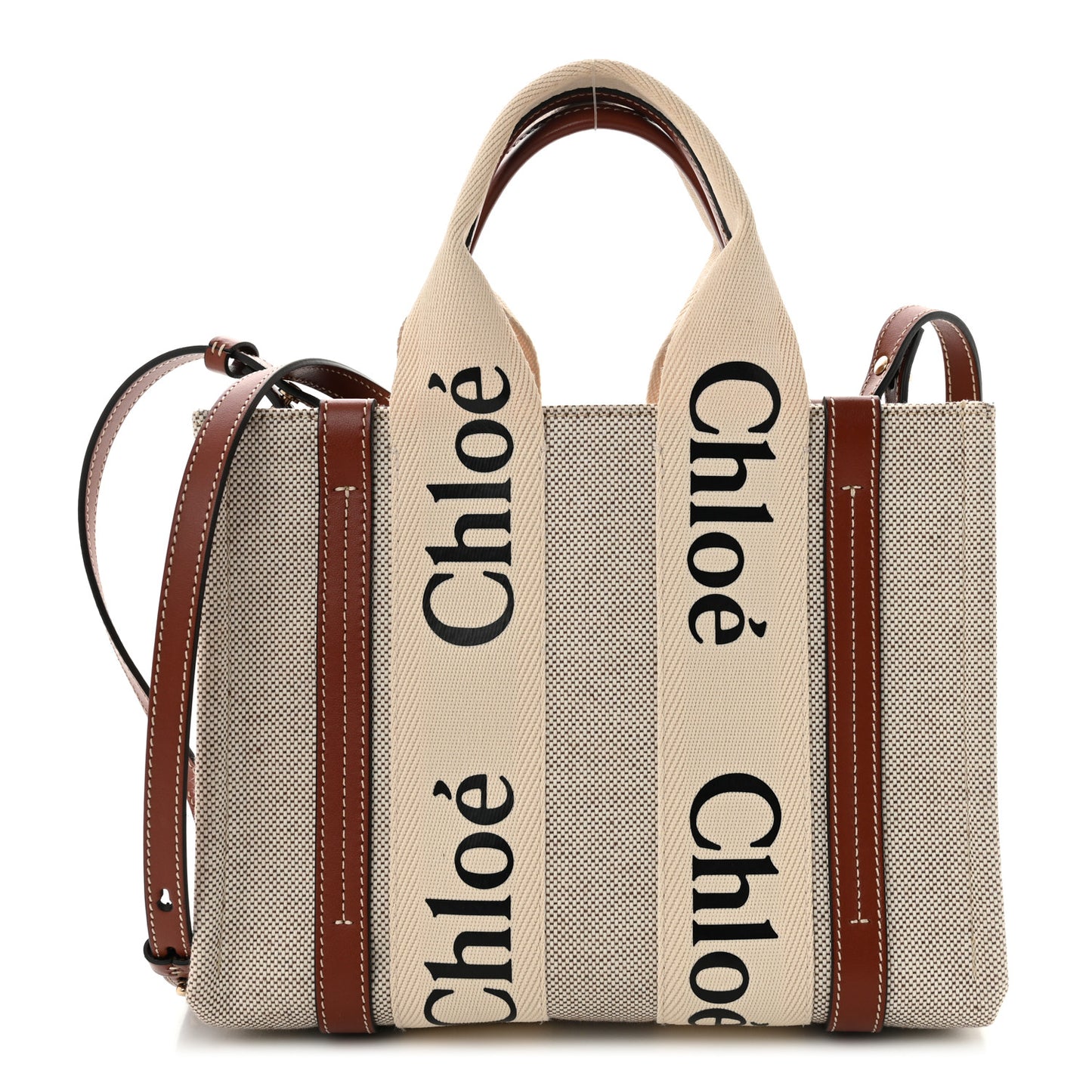 Cotton Calfskin Small Woody Ribbon Tote With Strap White Brown