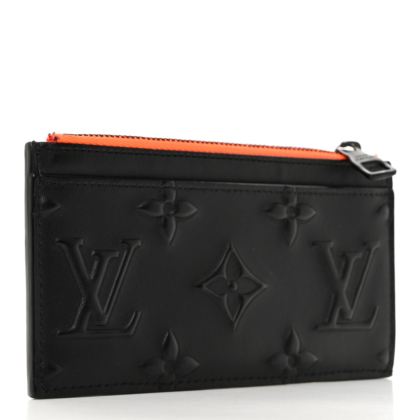 Calfskin Debossed Monogram Coin Card Holder Black