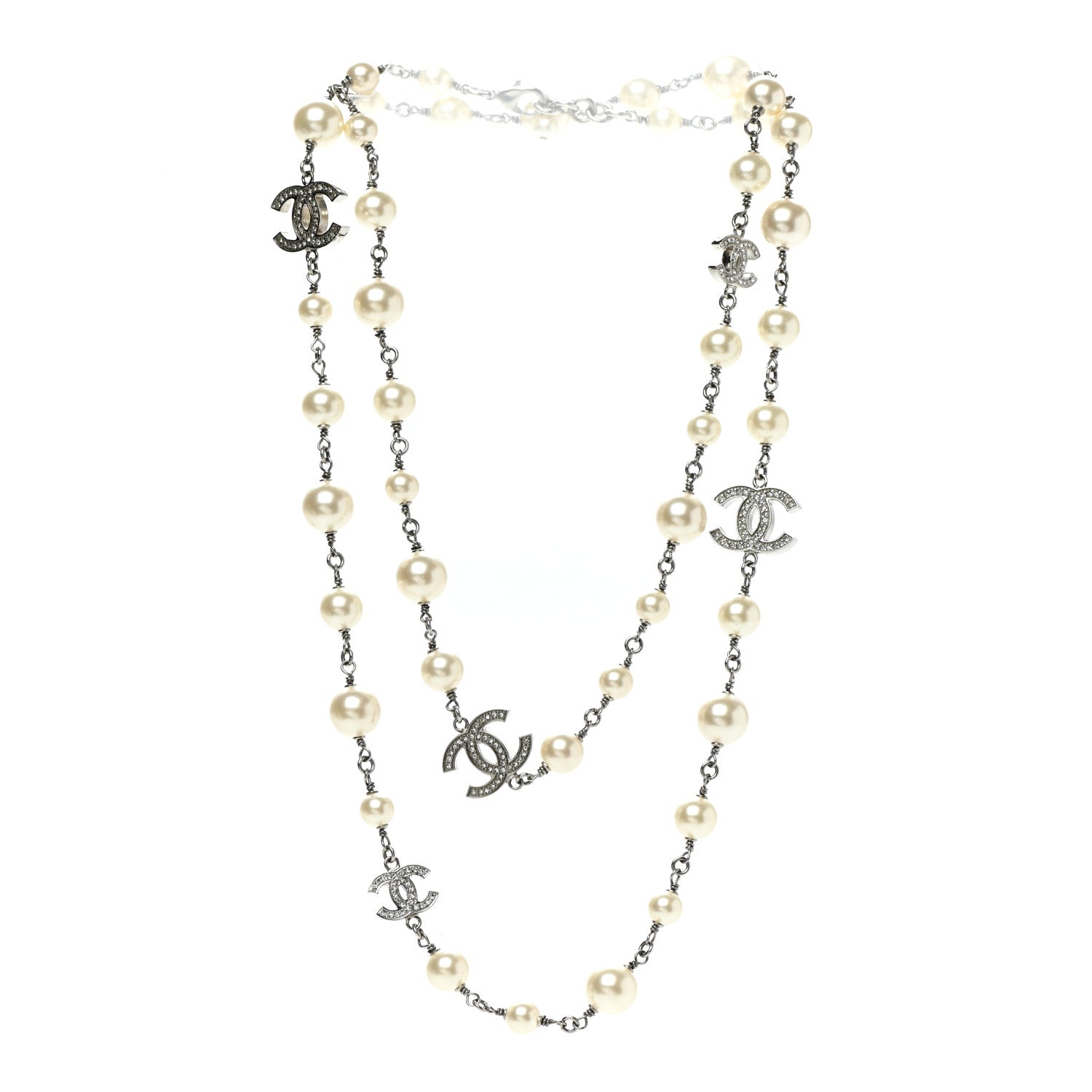 Chanel Crystal Pearl CC Long Necklace Silver 3 of 5