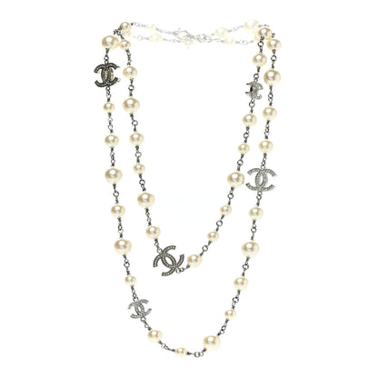 Chanel Crystal Pearl CC Long Necklace Silver 3 of 5