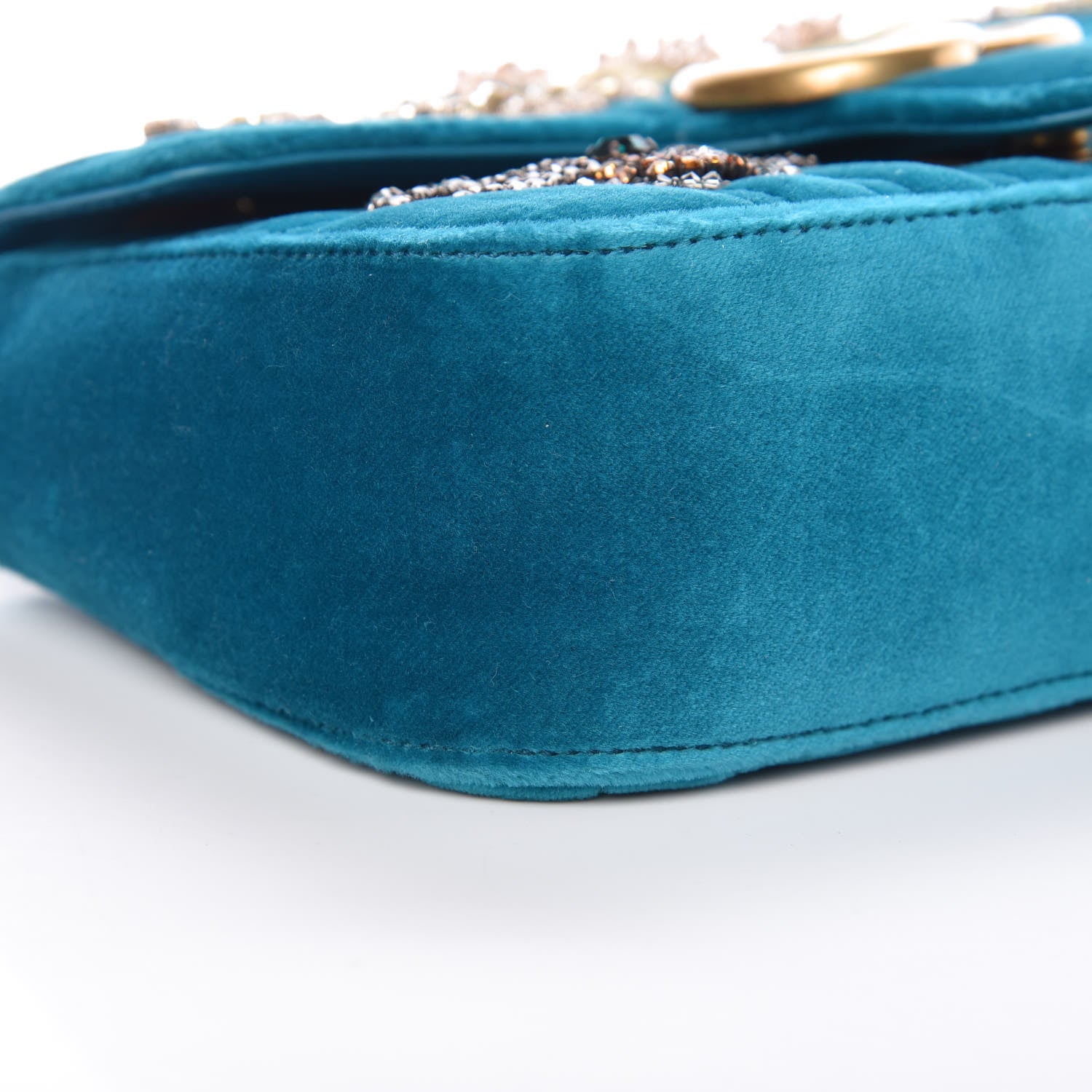 Gucci Velvet Matelasse Embroidered Mini GG Marmont Shoulder Bag Pavone Cyan 8 of 12