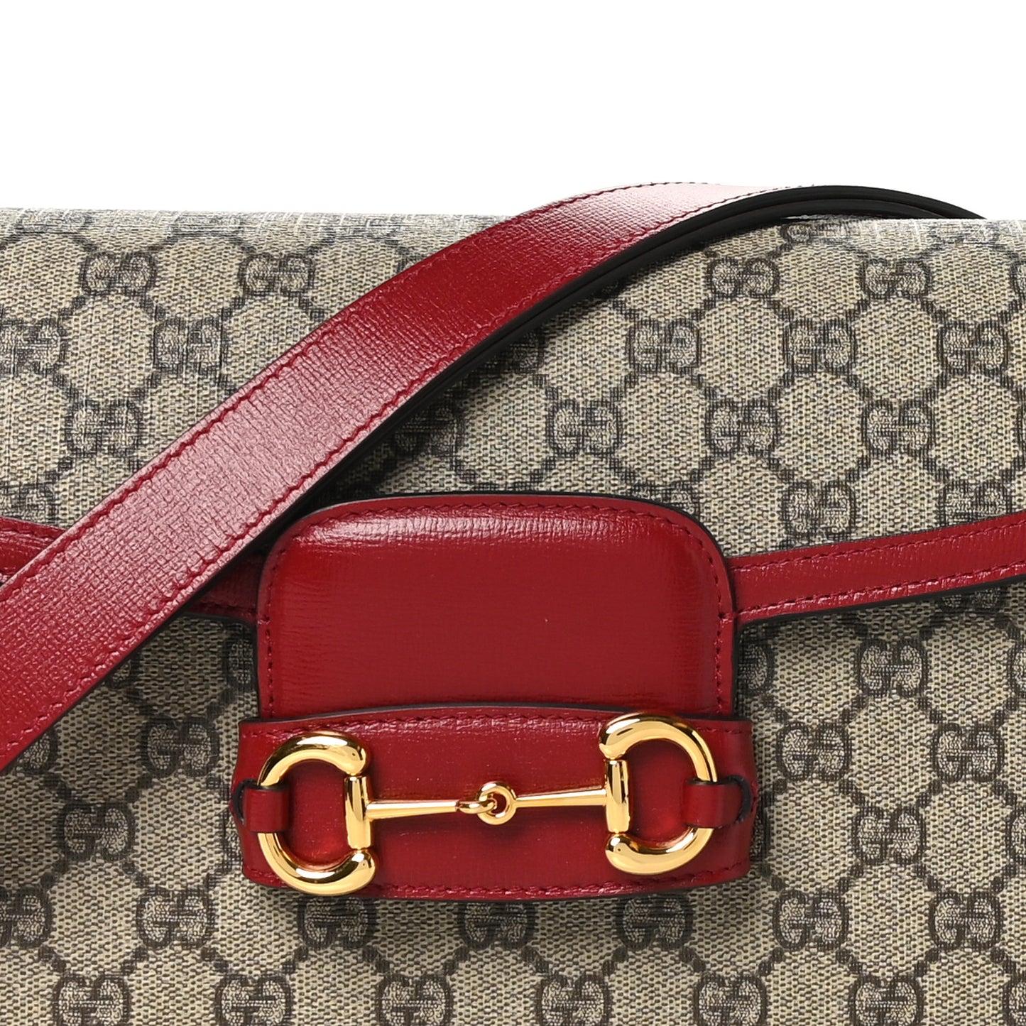 GG Supreme Monogram Azalea Calfskin Horsebit 1955 Shoulder Bag Beige Ebony New Cherry Red