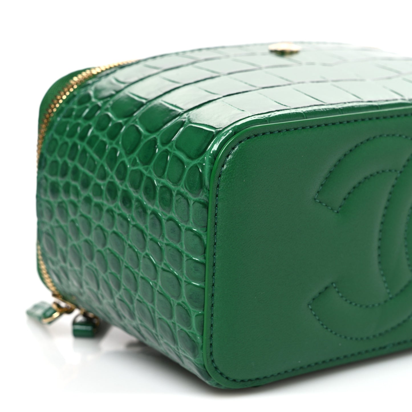Calfskin Crocodile Embossed Exoticoco Small Top Handle Vanity Case With Chain Emerald