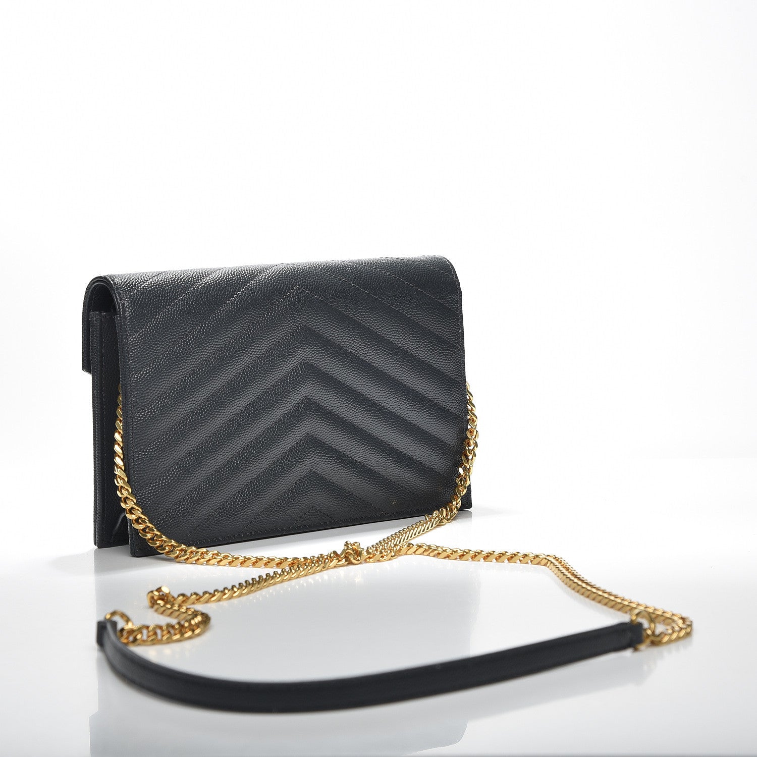Saint Laurent Grain De Poudre Matelasse Chevron Monogram Envelope Chain Wallet Dark Smog 2 of 9