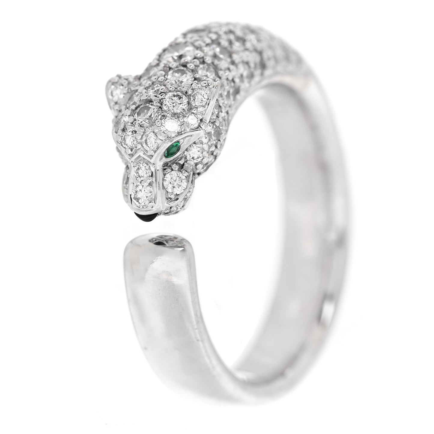 18K White Gold Diamond Black Onyx Emerald Panthere De Cartier Half Paved Ring 52 6