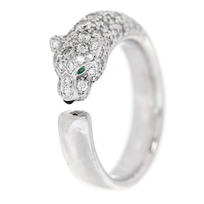 Cartier 18K White Gold Diamond Black Onyx Emerald Panthere De Cartier Half Paved Ring 52 6 1 of 6
