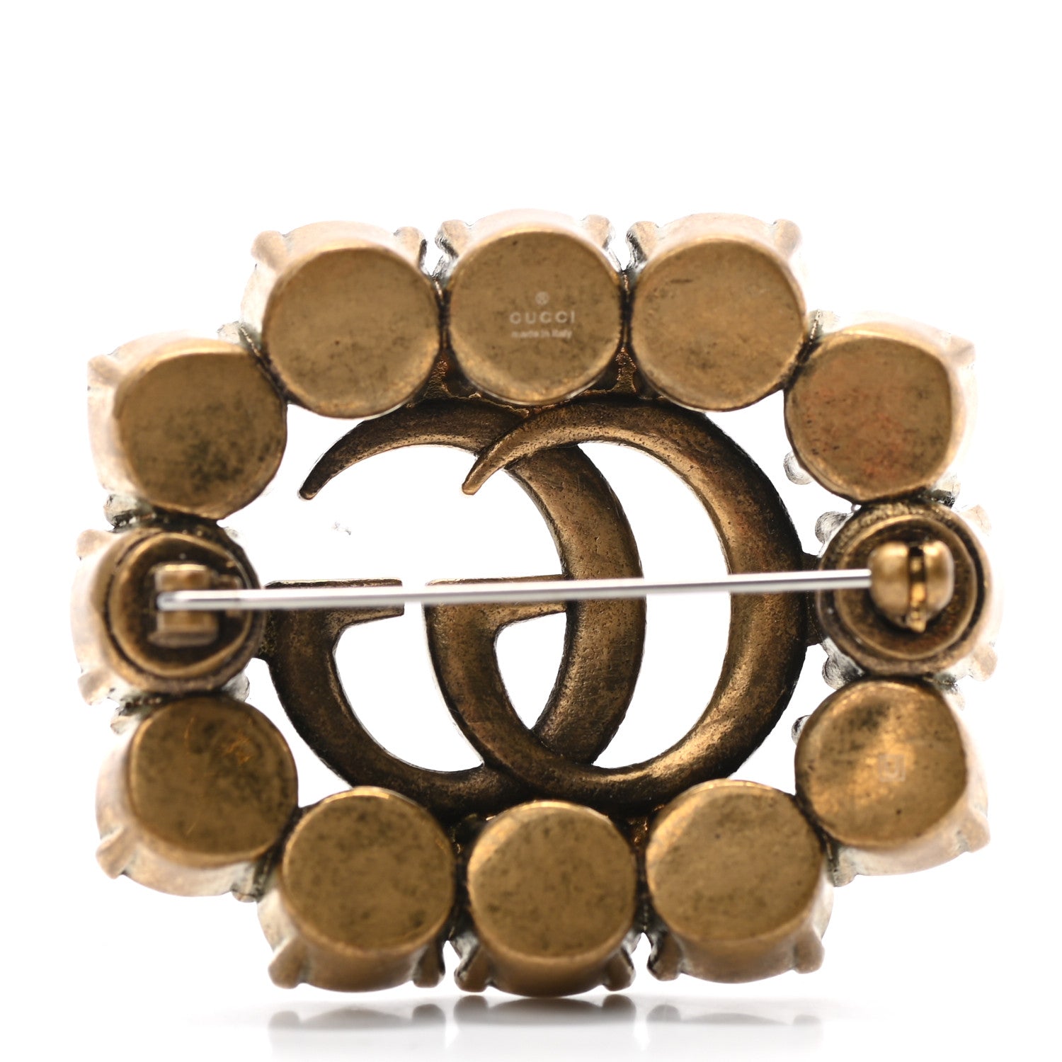 Gucci Metal Crystal Double G Brooch Aged Gold 3 of 4