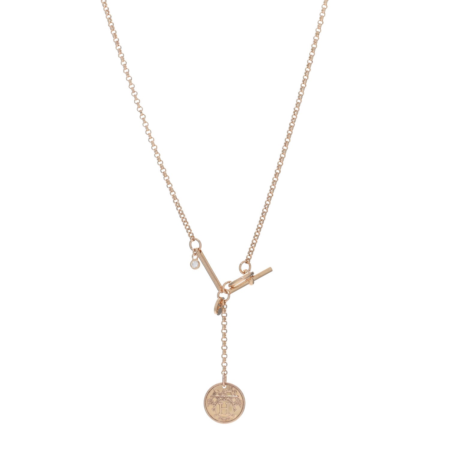 Hermes 18K Rose Gold Diamond PM Ex-Libris Pendant Necklace 1 of 5