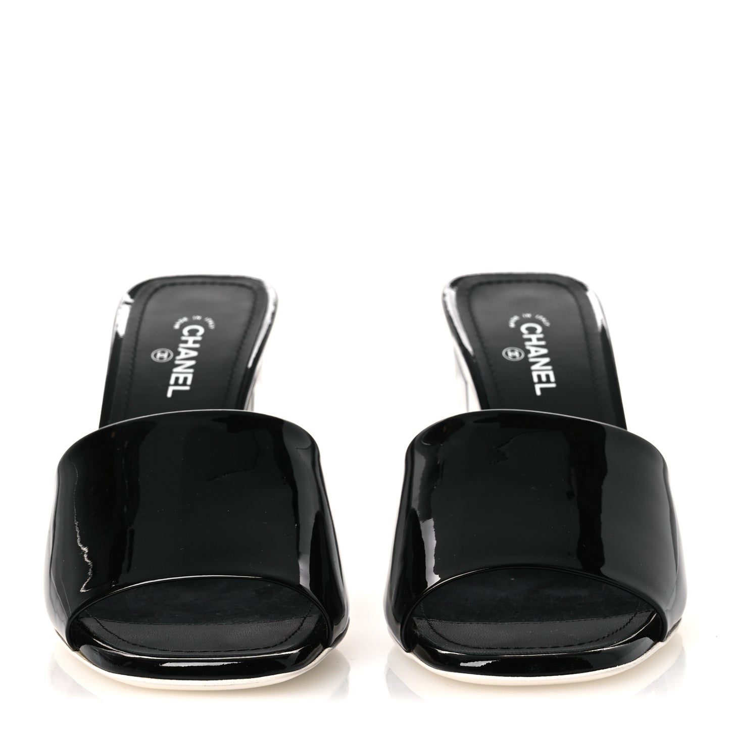 Patent Calfskin CC Mules 37.5 Black White