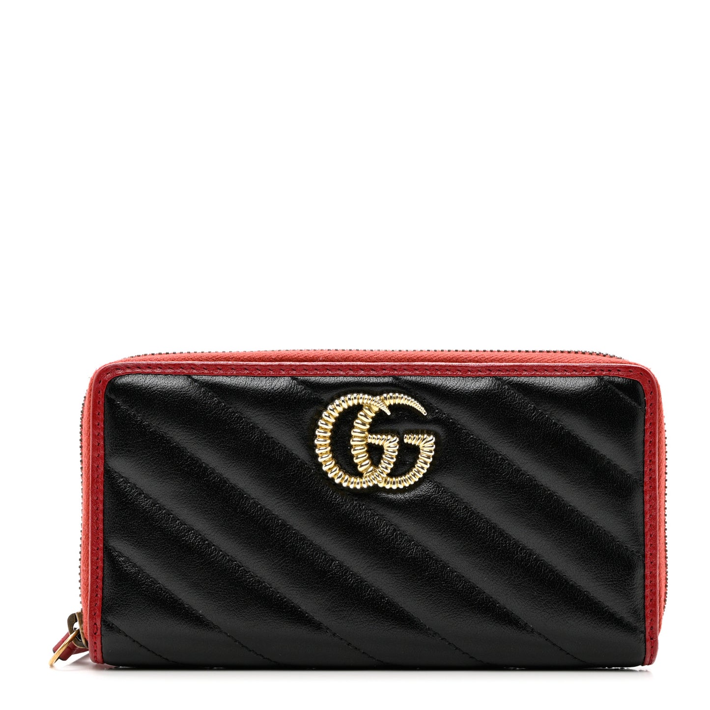 Vintage Effect Calfskin Matelasse Diagonal Torchon GG Marmont Zip Around Wallet Black Romantic Cherry