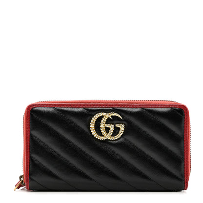 Gucci Vintage Effect Calfskin Matelasse Diagonal Torchon GG Marmont Zip Around Wallet Black Romantic Cherry 1 of 9