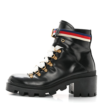 Gucci Calfskin Sylvie Web Womens Lace Up Combat Boots 39 Black 1 of 21