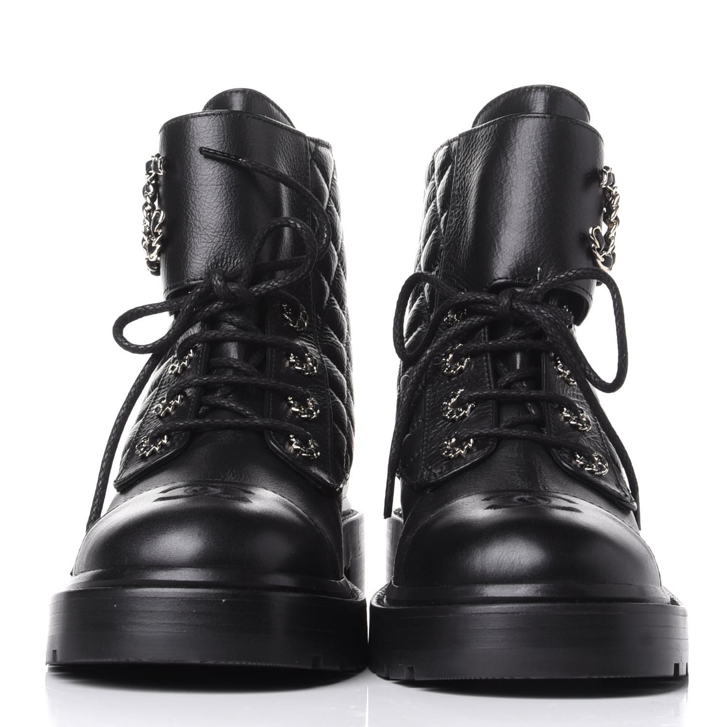 Shiny Goatskin Calfskin Quilted Lace Up Combat Boots 39 Black