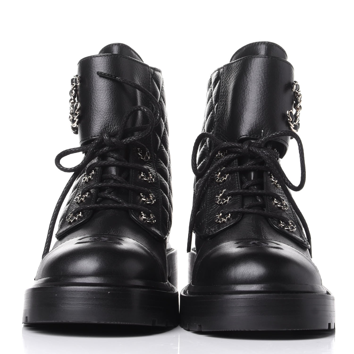 Chanel Shiny Goatskin Calfskin Quilted Lace Up Combat Boots 39 Black 2 of 11