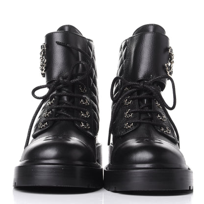Chanel Shiny Goatskin Calfskin Quilted Lace Up Combat Boots 39 Black 2 of 11