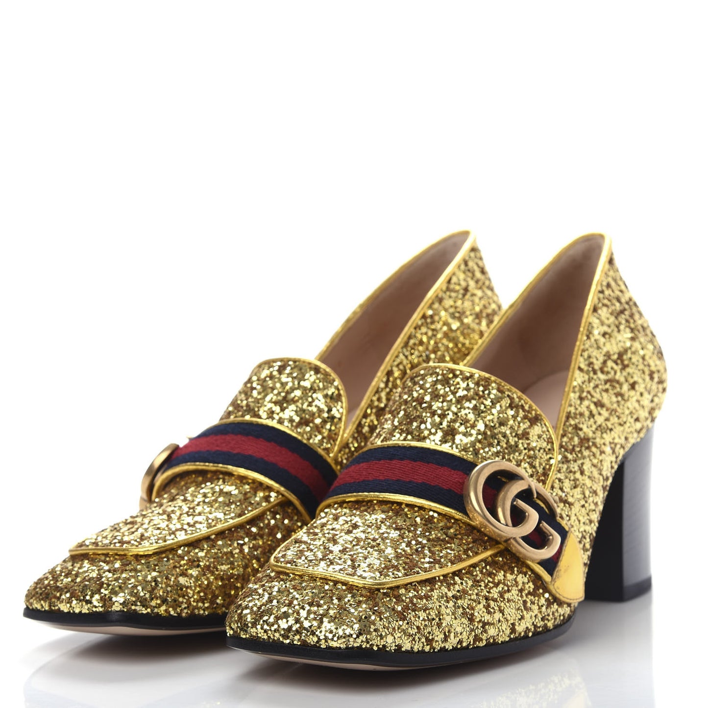Glitter Nappa Web Peyton 75mm Loafer Pumps 38.5 Oro Vecchio