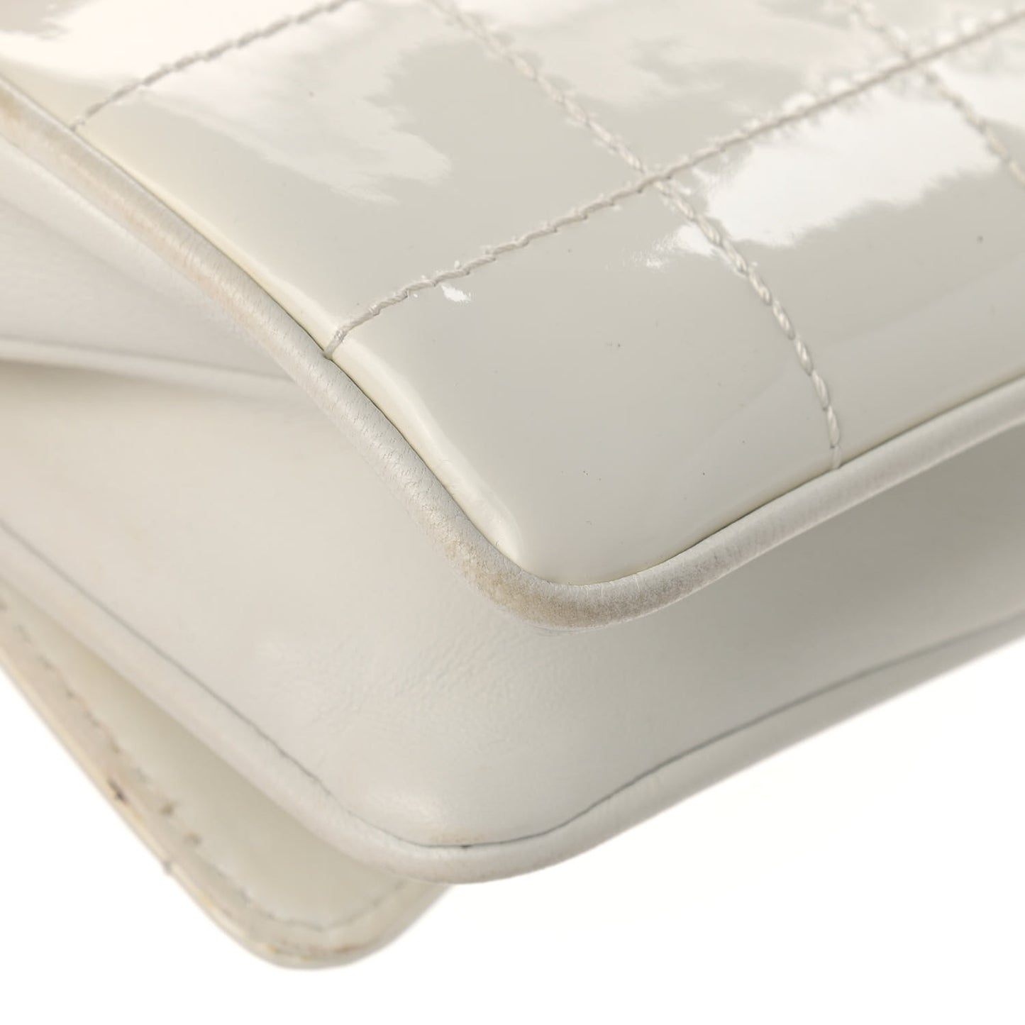 Patent Square Stitched CC Flap Clutch White