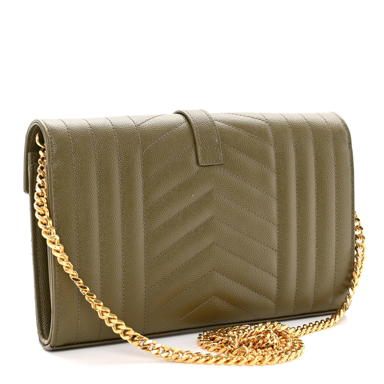 Saint Laurent Grain De Poudre Mixed Matelasse Triquilt Monogram Chain Wallet Kaki 3 of 9
