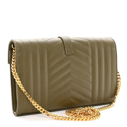 Saint Laurent Grain De Poudre Mixed Matelasse Triquilt Monogram Chain Wallet Kaki 3 of 9