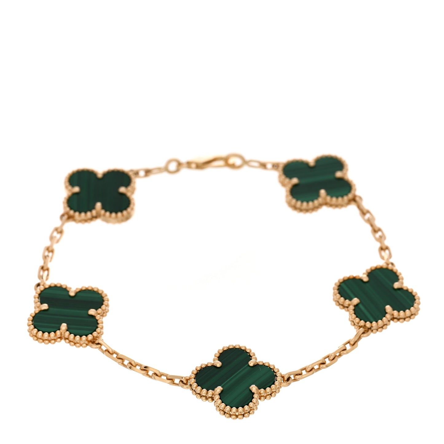 18K Yellow Gold Malachite 5 Motifs Vintage Alhambra Bracelet