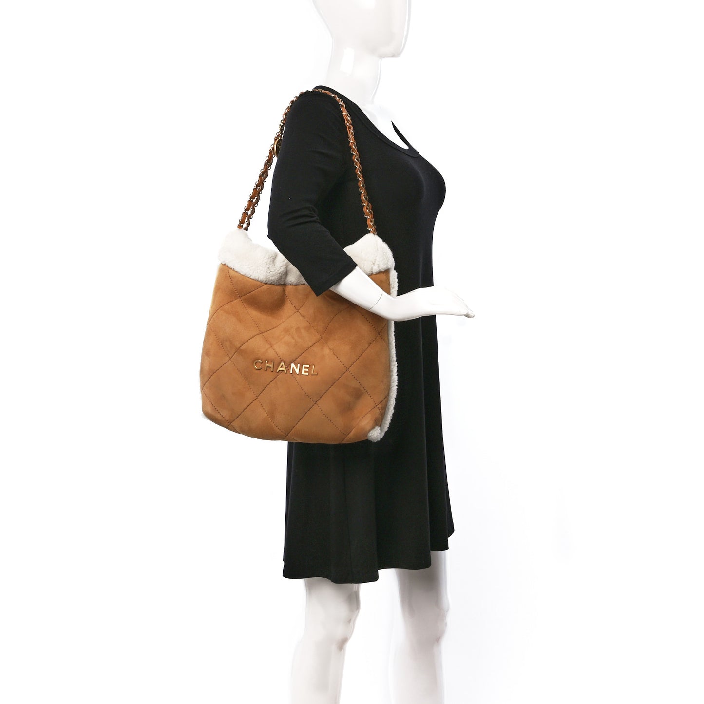 Suede Shearling Quilted Small Chanel 22 Brown White