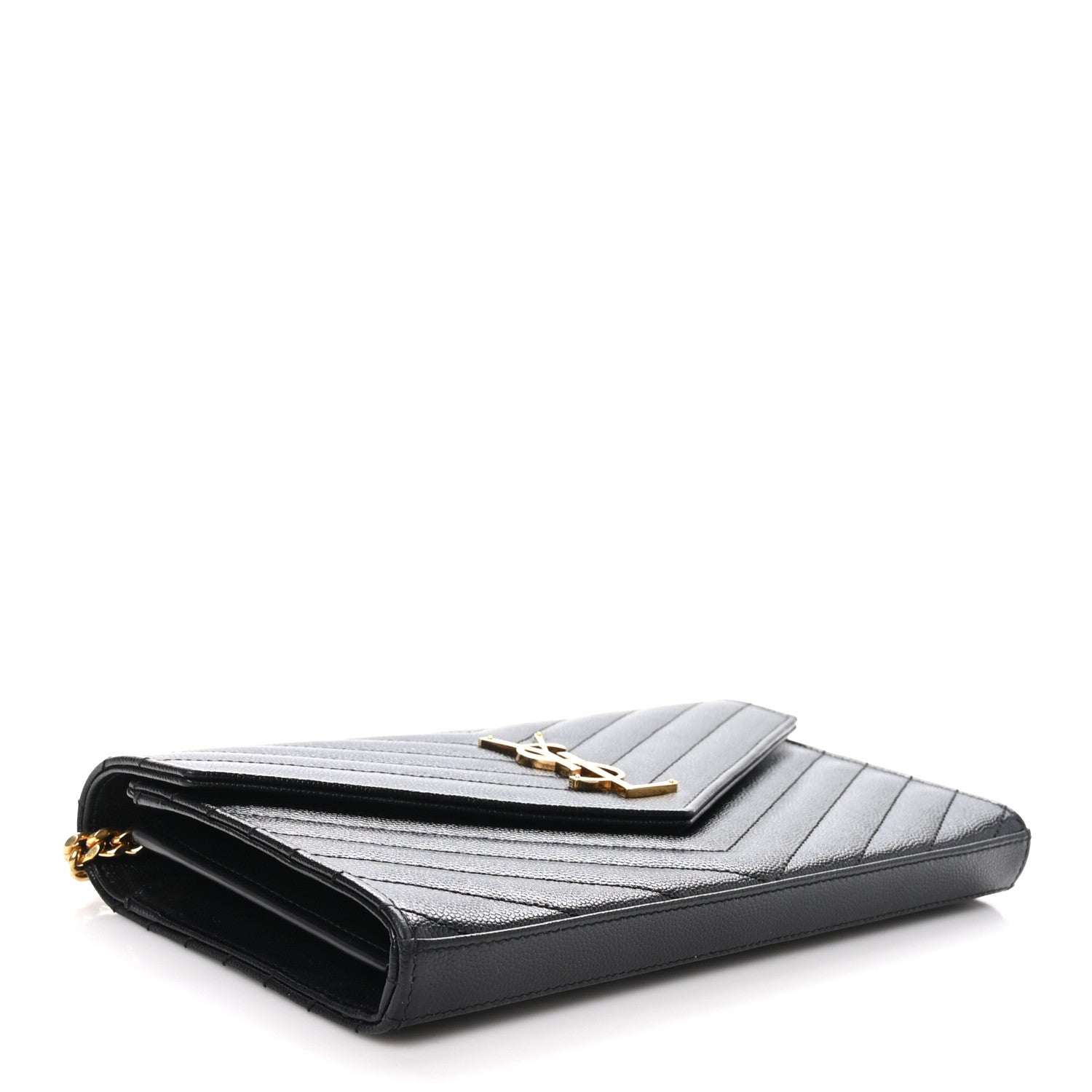 Saint Laurent Grain De Poudre Matelasse Chevron Monogram Chain Wallet Black 4 of 10