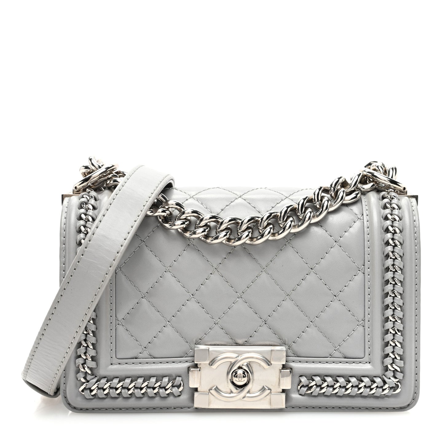 Iridescent Lambskin Quilted Small Chain Around Boy Flap Grey