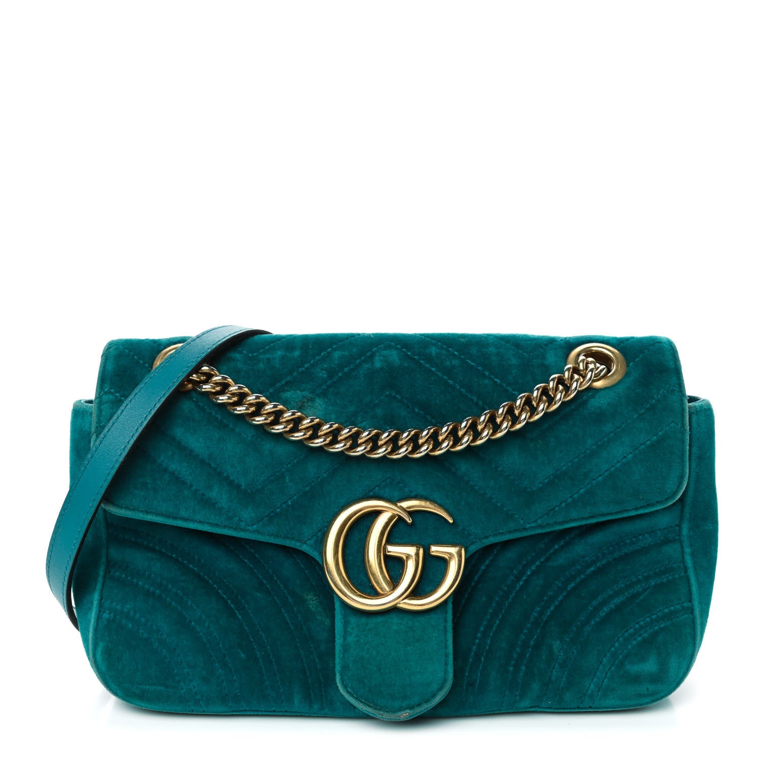 Gucci Velvet Matelasse Small GG Marmont Shoulder Bag Pavone Cyan 1 of 11