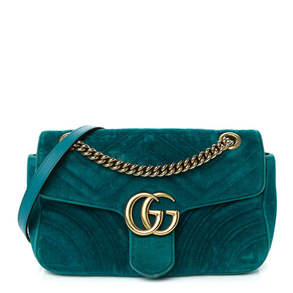 Gucci Velvet Matelasse Small GG Marmont Shoulder Bag Pavone Cyan 1 of 11