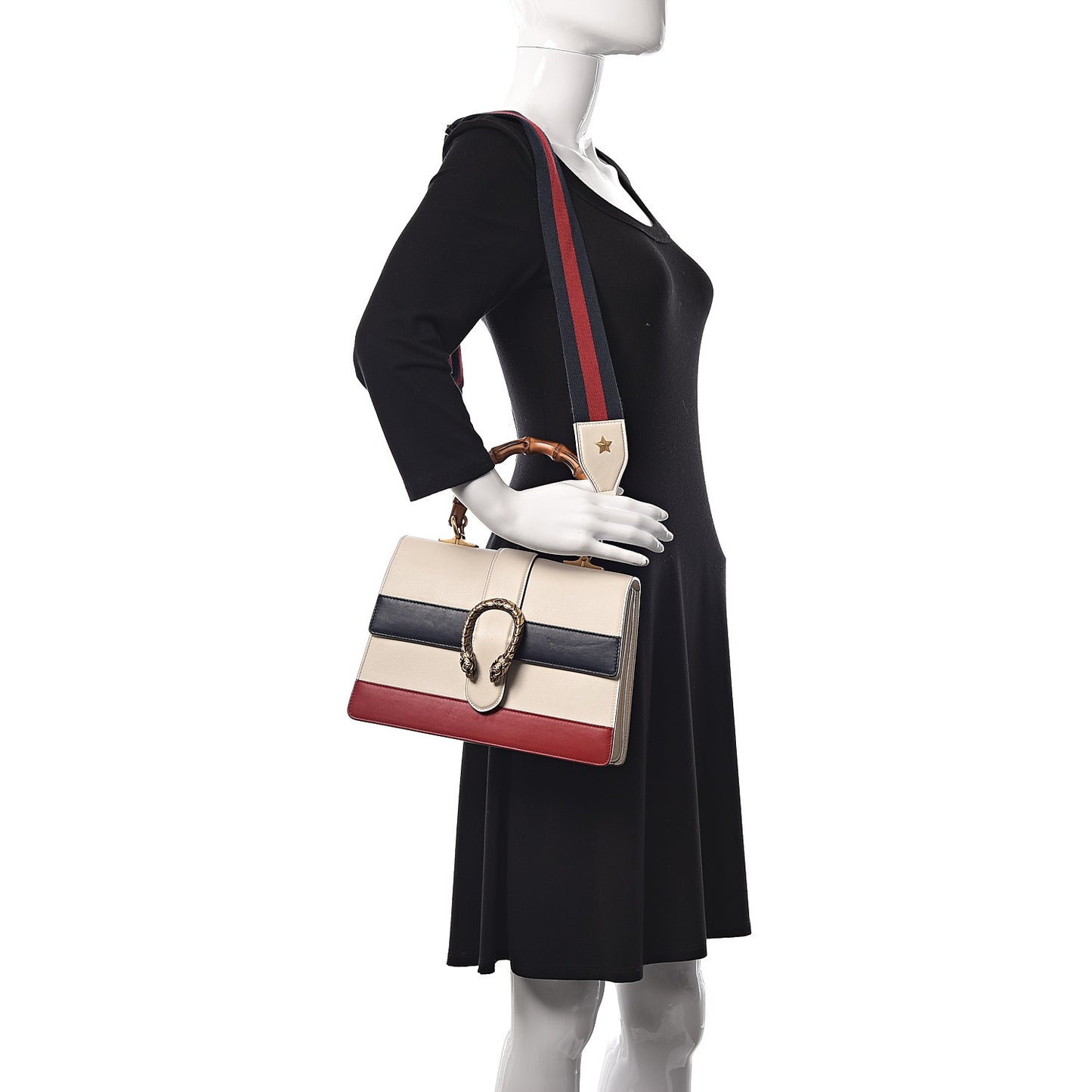 Calfskin Bamboo Web Medium Dionysus Top Handle Bag White Blue Hibiscus Red