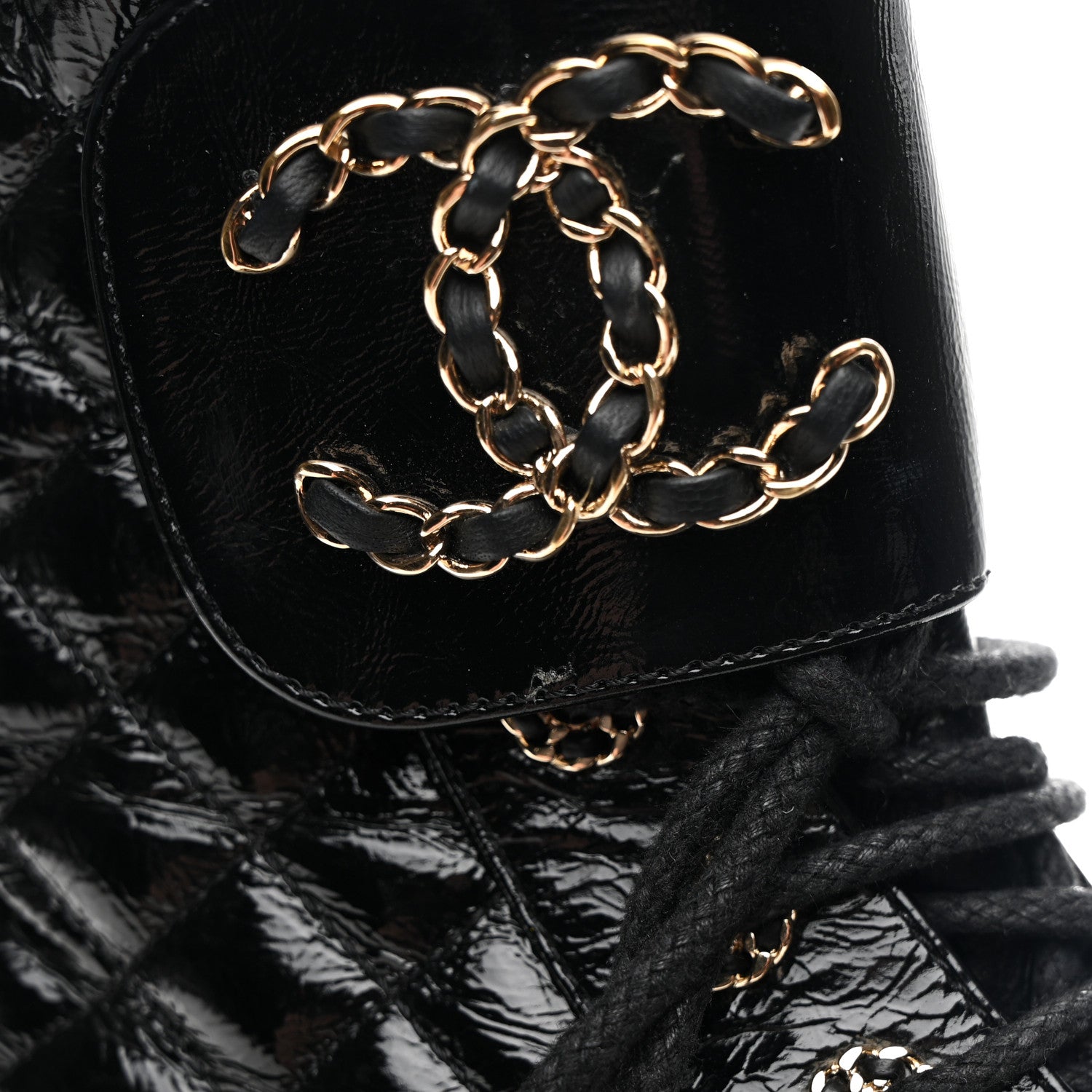 Chanel Shiny Goatskin Calfskin Quilted Lace Up Combat Boots 37 Black 11 of 11
