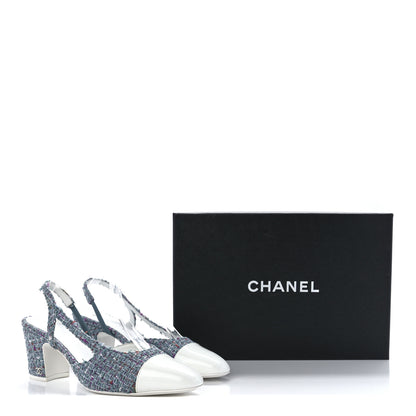 Chanel Tweed Patent Cap Toe CC Slingback Pumps 37.5 Turquoise Purple White 8 of 8