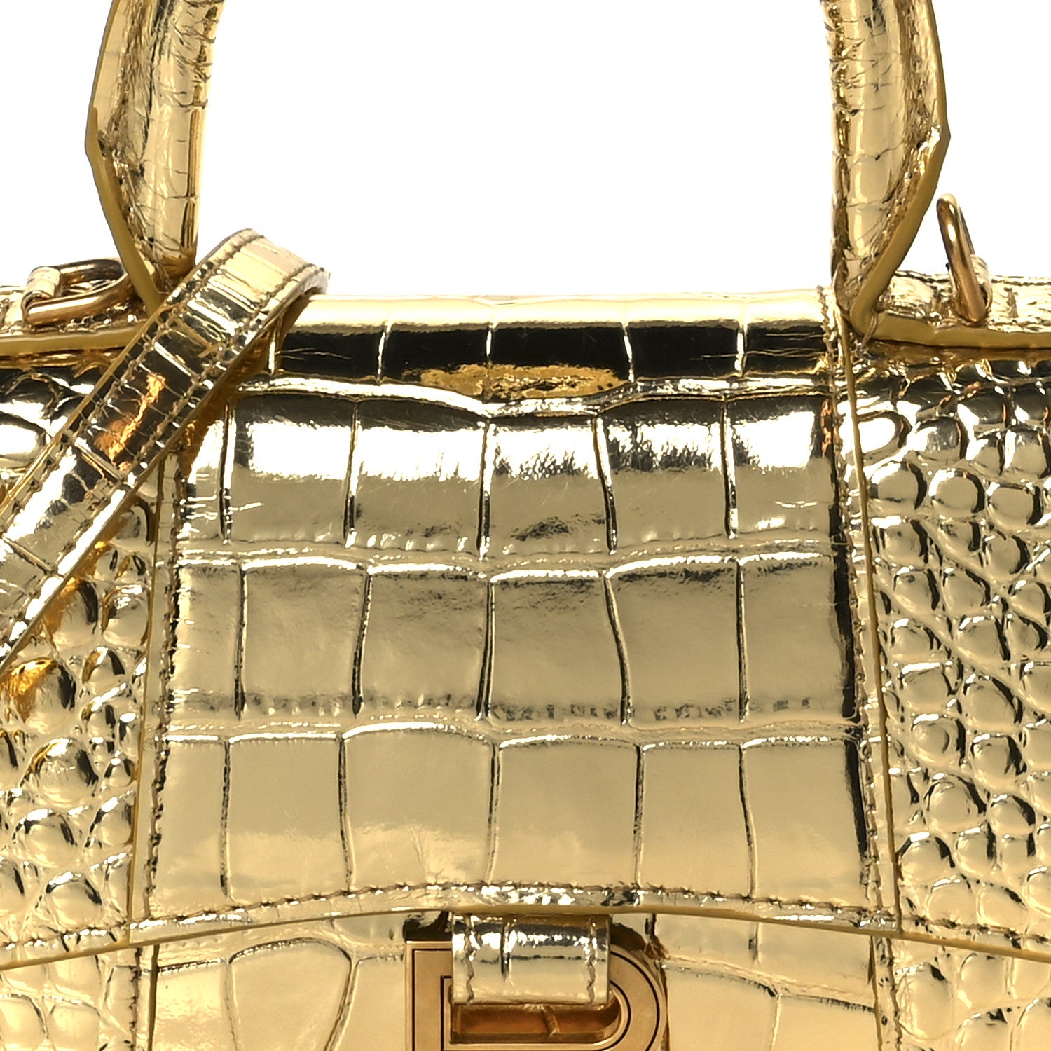 Balenciaga Metallic Calfskin Crocodile Embossed Hourglass Top Handle Bag XS Gold Gold 9 of 11