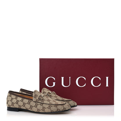 Gucci Canvas GG Monogram Horsebit Womens Jordaan Loafers 37.5 Beige Ebony New Acero 13 of 13