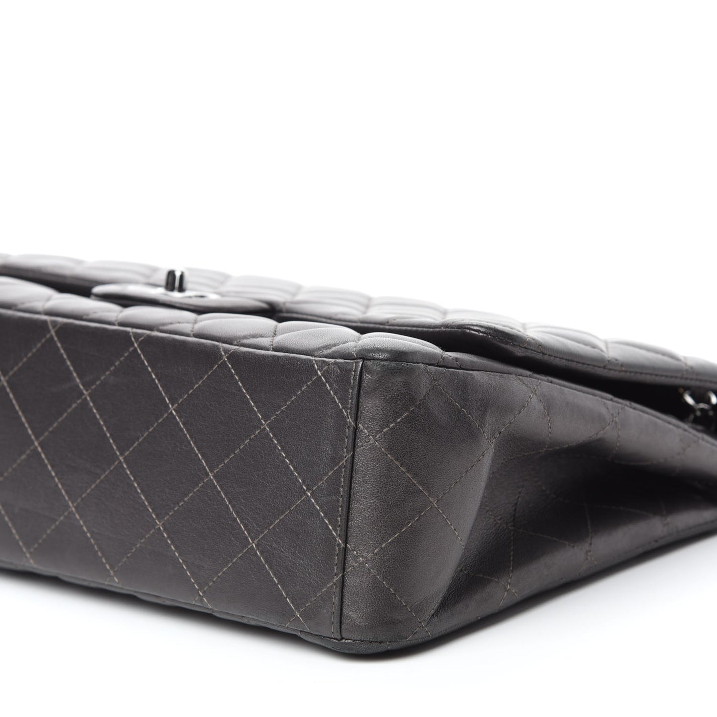 Metallic Lambskin Quilted Maxi Single Flap Dark Grey
