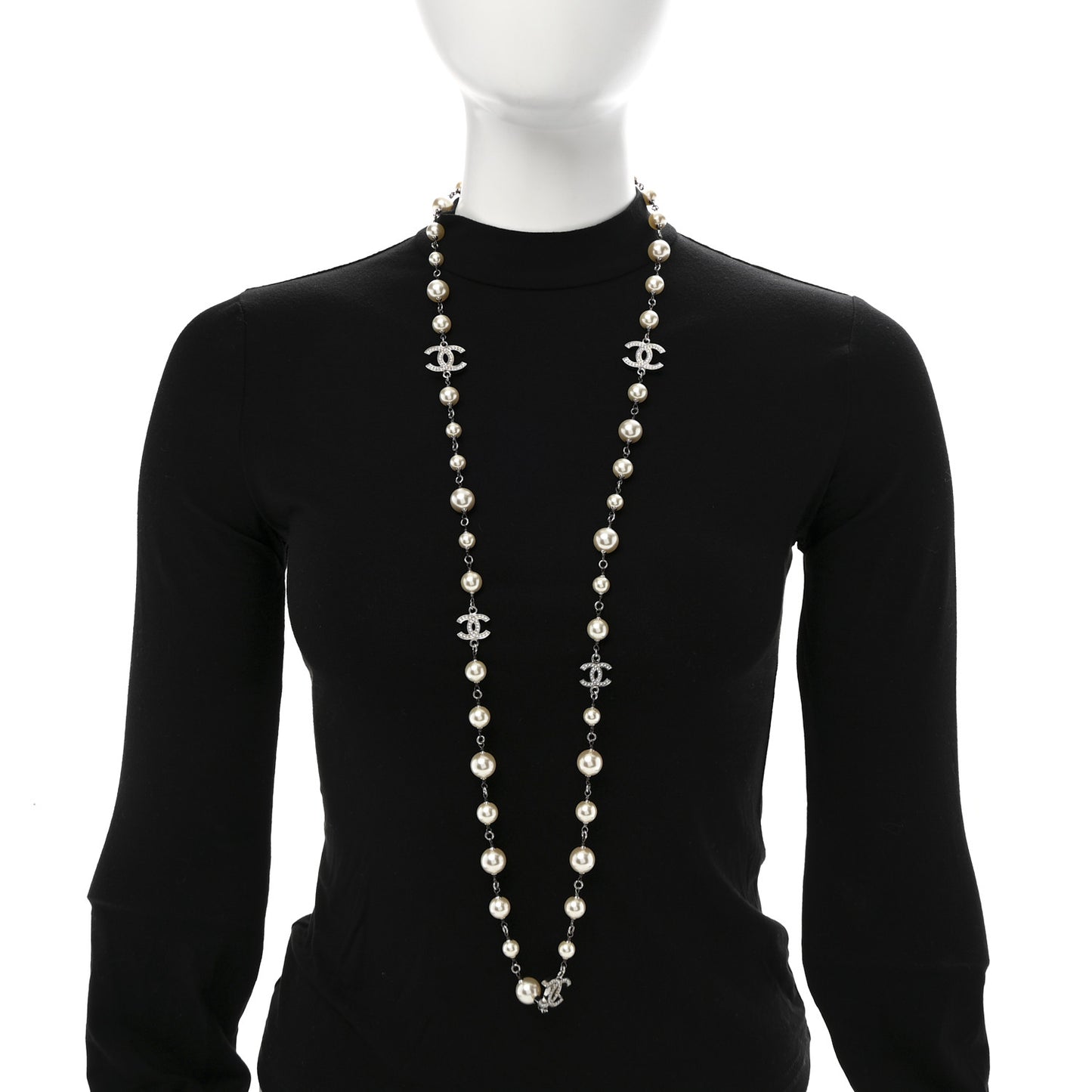 Crystal Pearl CC Long Necklace Silver
