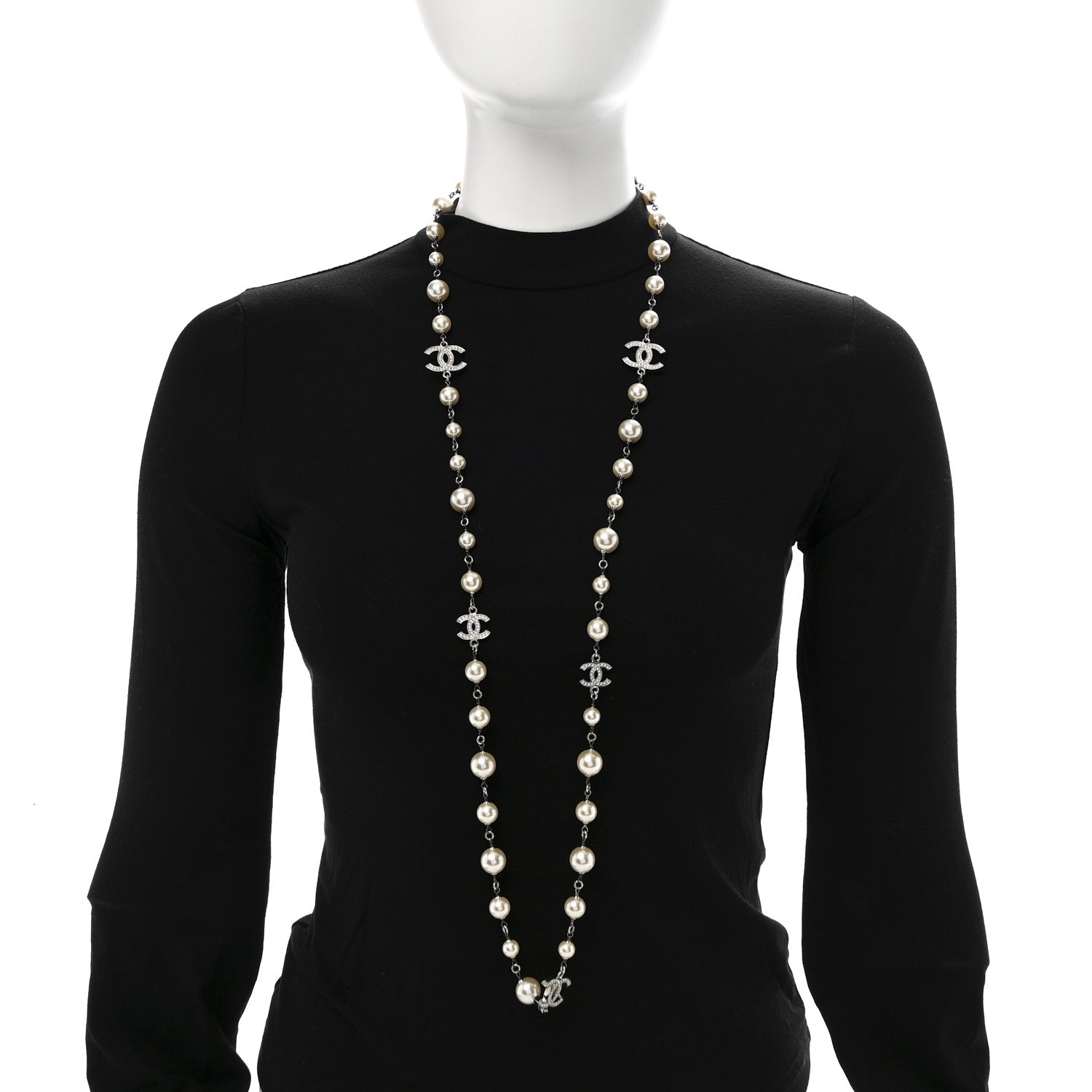 Chanel Crystal Pearl CC Long Necklace Silver 2 of 7