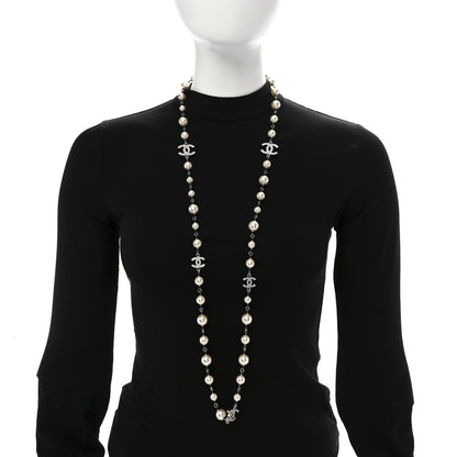 Chanel Crystal Pearl CC Long Necklace Silver 2 of 7
